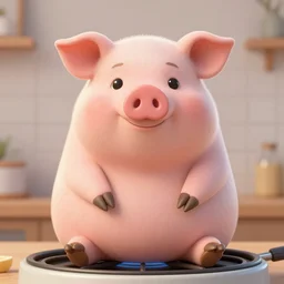 Full body Chubby Pig character portrait of a female humanoid pig by Mark Arian. She has a cute beautiful attractive detailed pig snout. She is Sitting on a stove oven where the fire is burning from underneath her visibly. Character design by charlie bowater, ross tran, artgerm, and makoto shinkai, detailed, inked, western comic book art