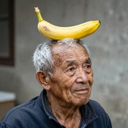 a old person with a banana ice on his head