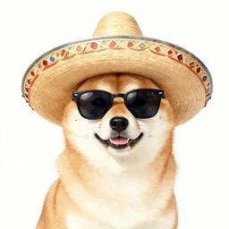 a shiba inu dog wearing sunglasses and a sombrero, watercolor portrait