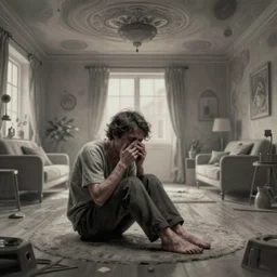 sad and lonely psychedelic todd solondz crying alone in an empty appartment, diffuse lighting, fantasy, intricate, elegant, highly detailed, lifelike, photorealistic, digital painting, artstation, illustration, concept art, smooth, sharp focus, art by francis bacon