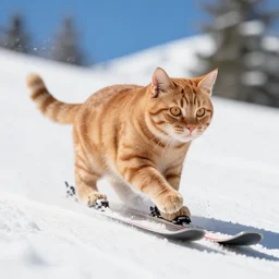 an orange tabby cat skiing