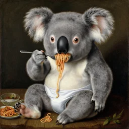 a painting of a koala in underwear eating spaghetti in renaissance art style