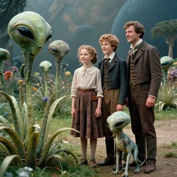 detailed, sharp, a girl and a boy and their parents standing next to some strange alien plants, looking happy, wearing 1850s era clothes, their small humanoid pet alien creature is standing nearby, in a park on an alien planet, extremely highly detailed, in focus faces, 70 mm still from a period sci fi color movie, 4k, HD, high quality lighting