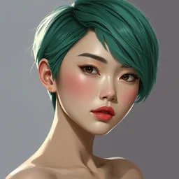 beautiful asian woman with smooth skin and green short hair, by nick silva, ja mong, digital, trending artstation