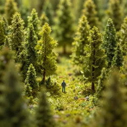 tiny miniature, forest, sunny, depth of field, tilt shift effect