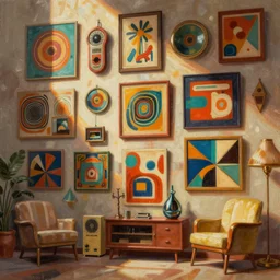 a wall of retro and vintage items, funky groovy 7 0 s things, abstract art deco furnature, highly detailed digital painting, concept art by yongfei liu, alben tan, vance kocas, octane rendered, low angle, god rays, cg society, unreal engine