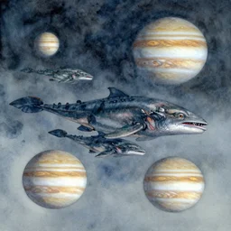 leviathans flying through the skies of jupiter, watercolor painting