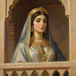 close up portrait of an ancient Persian queen standing on a balcony of a palace, soft sunlight hitting face, oil painting,