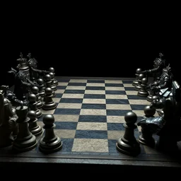 chess game, chess, black square, white square, gameplay in style of hieronymus bosch paintings, painting, gameplay, high detailed, dark fantasy, dark tones, armored units, high detailed, contrast, octane render, mill, farm, creative