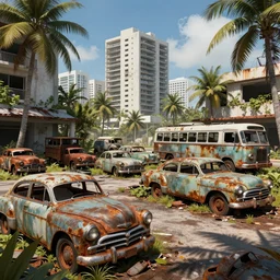 fallout 5 : miami, outdoors ruined tropical city, rusted retro futuristic vintage styled parked vehicles like cars, buses, trucks, atmospheric lighting, painted, intricate, volumetric lighting, summer, sunny weather, few clouds, sharp focus, deep colours, ultra detailed, by leesha hannigan, ross tran, thierry doizon, kai carpenter, ignacio fernandez rios