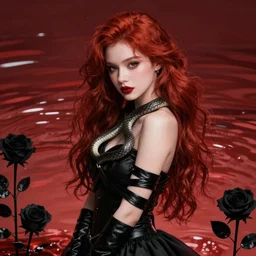 portrait of a girl with long red hair in a black dress, snake, in black roses, under red water, very beautiful style, girl wrapped in black leather, photorealism, edgard maxens,