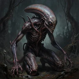 ultra realist horror painting of a dimly back lit alien hellish creature, very intricate details, focus, model pose, full frame image, artstyle h r giger and craig mullins, award winning