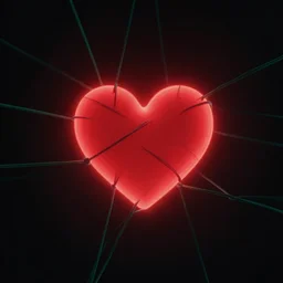 a glowing red heart connected to dark green strings with a black background, digital art