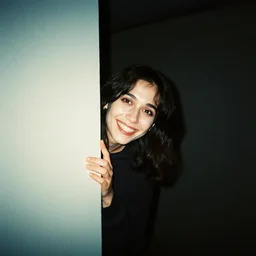 disposable camera photography of a creepy grinning person peering around a corner in the dark