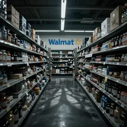 liminal space superstore, Wal Mart, low lighting, dark, spooky, nothing on shelves, eerie