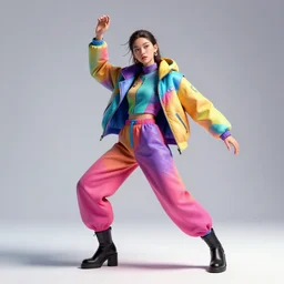 portrait of a fashion model exuberant surreal cyber style, colorful, dynamic pose, beautiful realistic face, octane render, vray, detailed, wide angle, halftoned, editorial photography, matte print, grainy light, ( ( dither ) ), risograph, high contrast, screen print, rich grainy texture