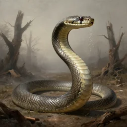 A realistic detailled matte painting of a giant snake, light particules, snake skin, light reflections, destroyed trees, foggy landscape, darkness particules, by Edouard manet, Rembranlt, detailled light, realistic shaders, trending on artisation, detailed textures, detailed, realistic.