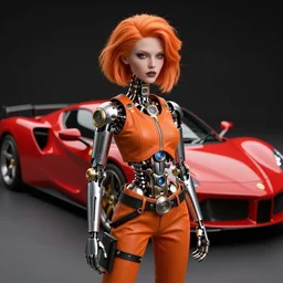 a portrait of a female clockwork orange droog gang member, designed by artgerm and a red pininfarina sportscar in the background hdr, 8 k, hyperrealistic, volumetric lighting