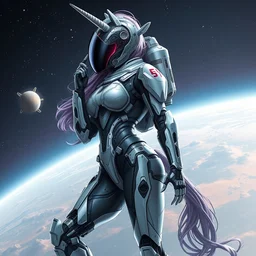 beautiful feminine cyborg in full body space suit, unicorn helmet, steel boots, concept art by artgerm, photoshoot, intricate, highlydetailed, space background, artstation 8 k - n 4
