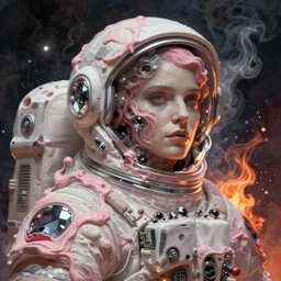 a photorealistic portrait of a monstrous female astronaut, visions of a mirrored droplet, crystal, airbrushed, smoky swirls of pink cream, rejected, a gate to infinity, fire, paint splashes, warm inhuman, beyond the stars into the void, vector art, detailed digital matte painting by simon stalenhag and greg rutkowski