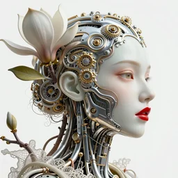 complex 3d render ultra detailed of a beautiful porcelain profile woman face, mechanical vegetal cyborg, 150 mm, beautiful natural soft light, rim light, silver gold details, magnolia big leaves and stems, roots, fine foliage lace, mesh wire, Alexander Mcqueen haute couture, lady Gaga style, intricate details, hyperrealistic, mandelbrot fractal, anatomical, red lips, silver metal armor, facial muscles, cable wires, microchip, elegant, white background, octane render, H.R. Giger style, 8k