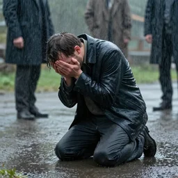 there is a man on his knees in a puddle lamenting his miserable life while it rains dramatically, film still from a movie directed by andrei tarkovski, photorealistic, cinematic lighting, intrincate, atmospheric, highly detailed, smooth, sharp focus