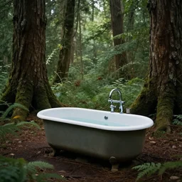 bathtub in an old growth forest, mystical vibes, high definition photograph n- 4 i- 50