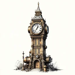 a clock tower, steampunk style, ink style