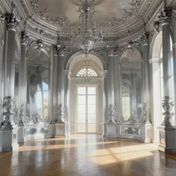 rococo interior made from chrome, versailles, light, shadows, reflections, epic composition, intricate, elegant, volumetric lighting, digital painting, highly detailed, artstation, sharp focus, illustration, concept art, ruan jia, steve mccurry