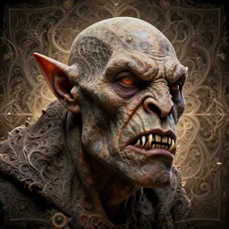 wide angle portrait of an orc of fractals and patterns, wrinkled face, razor sharp teeth, hyper - detailed, background intricate and detailed, ornate 8 k gorgeous intricate detailed, octane render, backlit, global illumination