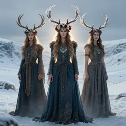 beautiful female character inspired by iceland and floral headdress pagan wiccan viking snow covered antlers headdress full body | | digital artwork made by greg rutswork, anna dittmann and lois van barlee, symmetrical rim light, anatomically correct