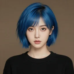 beautiful woman with short blue hair, big brown eyes, wearing a black sweater, classic art