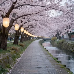photorealistic beautiful cherry blossom forest with paper lanterns illuminating the stone pathway. hyperdetailed photorealism, 1 0 8 megapixels, river, amazing depth, glowing rich colors, powerful imagery, psychedelic overtones, 3 d finalrender, 3 d shading, cinematic lighting, artstation concept art