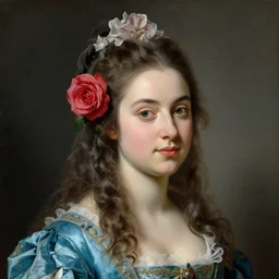 a portrait of a young french princess with a rose in her hair by franz xaver winterhalter, 1 8 5 3, highly detailed, high quality, vivid, fancy, rococo, romanticism, neoclassicism, oil on canvas, realistic face