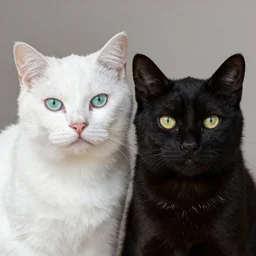 [two cat] in the picture [white cat with green eyes] to the left, [black cat with yellow eyes], to the right