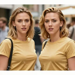 portrait of lindsey pelas and scarlet johansson wearing golden t shirt while shopping, by charlotte grimm, natural light, detailed face, beautiful features, symmetrical, canon eos c 3 0 0, ƒ 1. 8, 3 5 mm, 8 k, medium - format print, half body shot
