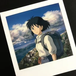 low angle tilted frame view ( polaroid ) film still portrait of a 1 9 5 0's adventurer girl atop a big mountain, finely detailed features, perfect art, water, sun, gapmoe yandere grimdark, trending on pixiv fanbox, painted by greg rutkowski makoto shinkai takashi takeuchi studio ghibli, akihiko yoshida, render man