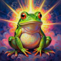 anthropomorphic frog hero 🐸, [ style ] [ oil painting ] [ palate ] [ vibrant gothic colors ], vibrant neon nebulous clouds, explosive light rays, photorealistic painting, intricate and fine symmetrical details, volumetric lighting, artstation,