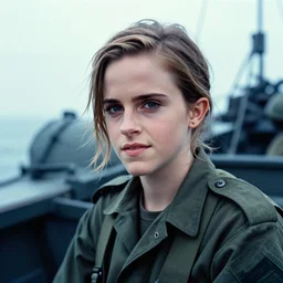 film still, close up, portrait, emma watson soldier, vietnam patrol boat, kodak ektachrome, blue tint expired film,