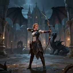 a female archer and a black dragon on a medieval palace courtyard at night, epic, fantasy art, dnd, high quality, artstation, behance, hd, digital illustration, very realistic, symmetrical