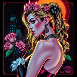 side portrait of seductive succubus athena goddess varga margot robbie as harley quinn posing, roses, energy, batman, joker, gotham city, futurepunk, glamour pose, moebius, gta v, dan mumford, mucha, nagel, tarot card, d & d, neon art deco, black paper, vibrant, greg rutkowski,