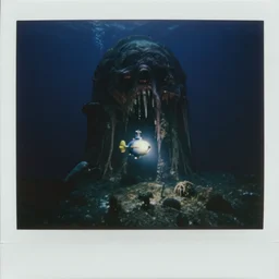 a tiny submarine lighting up a massive underwater structure, dark, deep underwater, megalophobia, thallasophobia, submechanophobia, creepy, eerie, scary, horror, murky water, old polaroid, expired film,