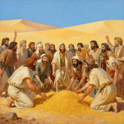 detailed oil painting of a crowd of happy jews in the desert harvesting manna, yellow orange and blue color scheme, by sherree valentine daines and ross trann, biblical