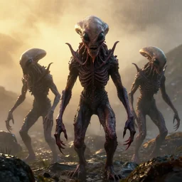 unknown menacing wet slimy nightmarish hellish visceral alien creatures, staring you down, scottish highlands, fog, rain, volumetric lighting, beautiful, golden hour, sharp focus, ultra detailed, cgsociety