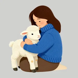 a lamb with a blue knitted sweater hugging his mom, in the style of Leo Lionni