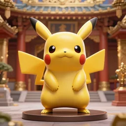 a golden statue of Pikachu in a sacred temple, artstation, hyperrealistic, extremely detailed, 8k
