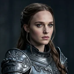 head and shoulders portrait of a female knight, young natalie portman, game of thrones, eldritch, silken hair, armored, ornamental etching, dragon, elaborate detail, vogue fashion photo