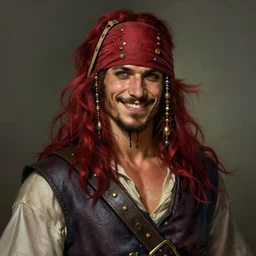 portrait of a young ruggedly handsome but joyful pirate, male, masculine, muscular, upper body, red crimson crimson hair, long long flowing hair, fantasy, smug smirk, intricate, elegant, highly detailed, digital painting, artstation, concept art, matte, sharp focus, illustration, art by artgerm and greg rutkowski and alphonse mucha