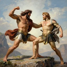 Hercules in an intense fight against Perseus over a cliff, artwork by Stefan Kopinski and  Guillem H. Pongiluppi, greek setting, photo realistic, volumetric lighting, HDR, 4k, high detail