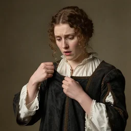 portraitby Edmund Blair Leighton of a confused beautiful young woman in medieval clothes who is pulling her clothes, she is looking down at her clothes, surprised expression, pulling her clothes with her hands, detailed face